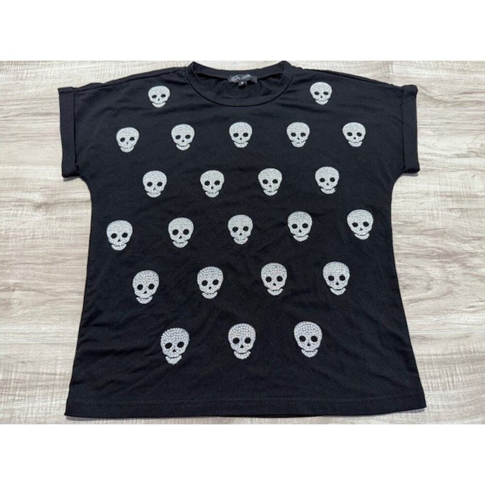 On 12th. Women's Y2K Beaded Skull Head Cuff Sleeve T-Shirt-Black-Size Med.